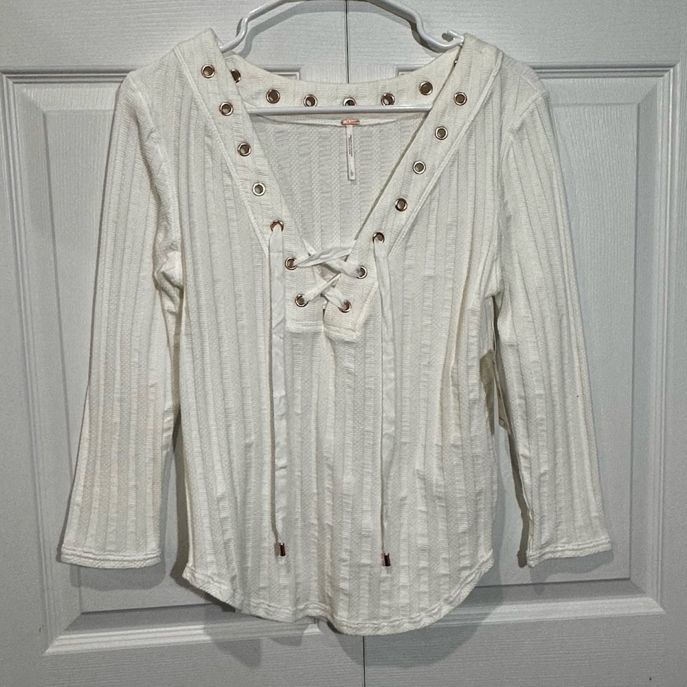 Free People Ice Cold Lace Up Thermal Top White Cream Size Large Nwt